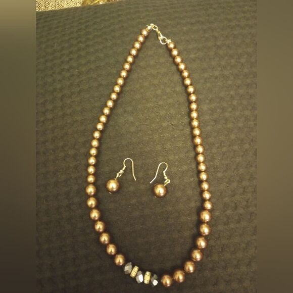no brand Jewelry - Dark brown faux pearl necklace with Blue jewels and matching earrings